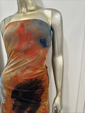 Zara Strapless Abstract Print Dress - Orange, Blue, Black